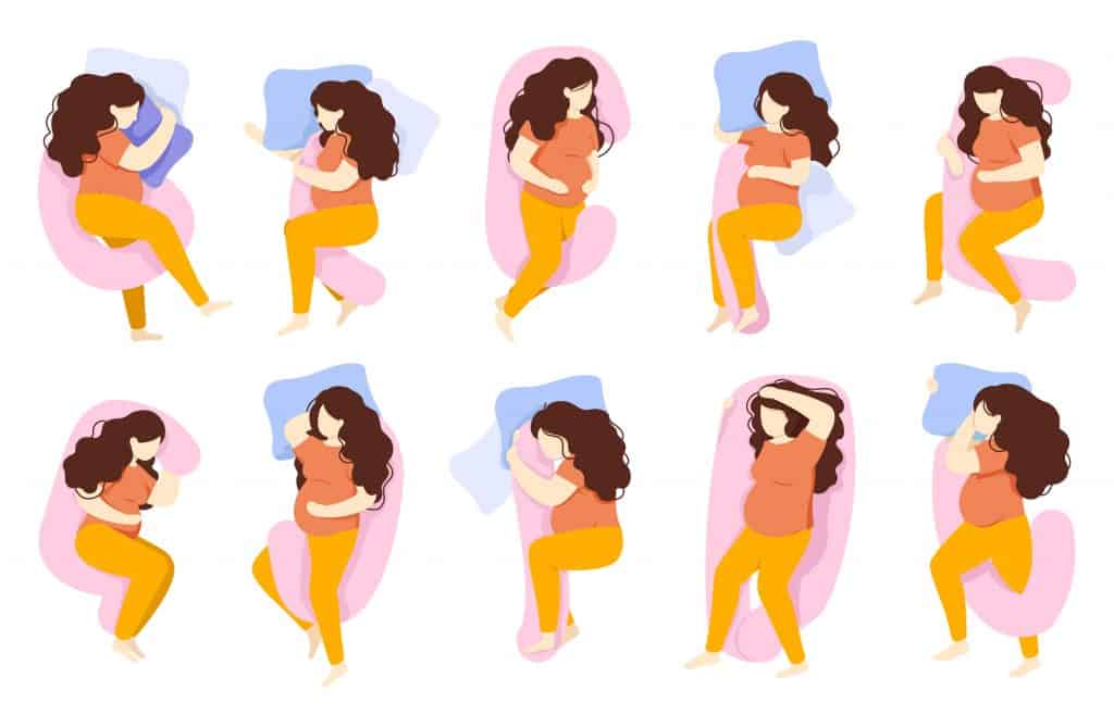 Multiple photos showing comfortable sleeping positions during pregnancy 