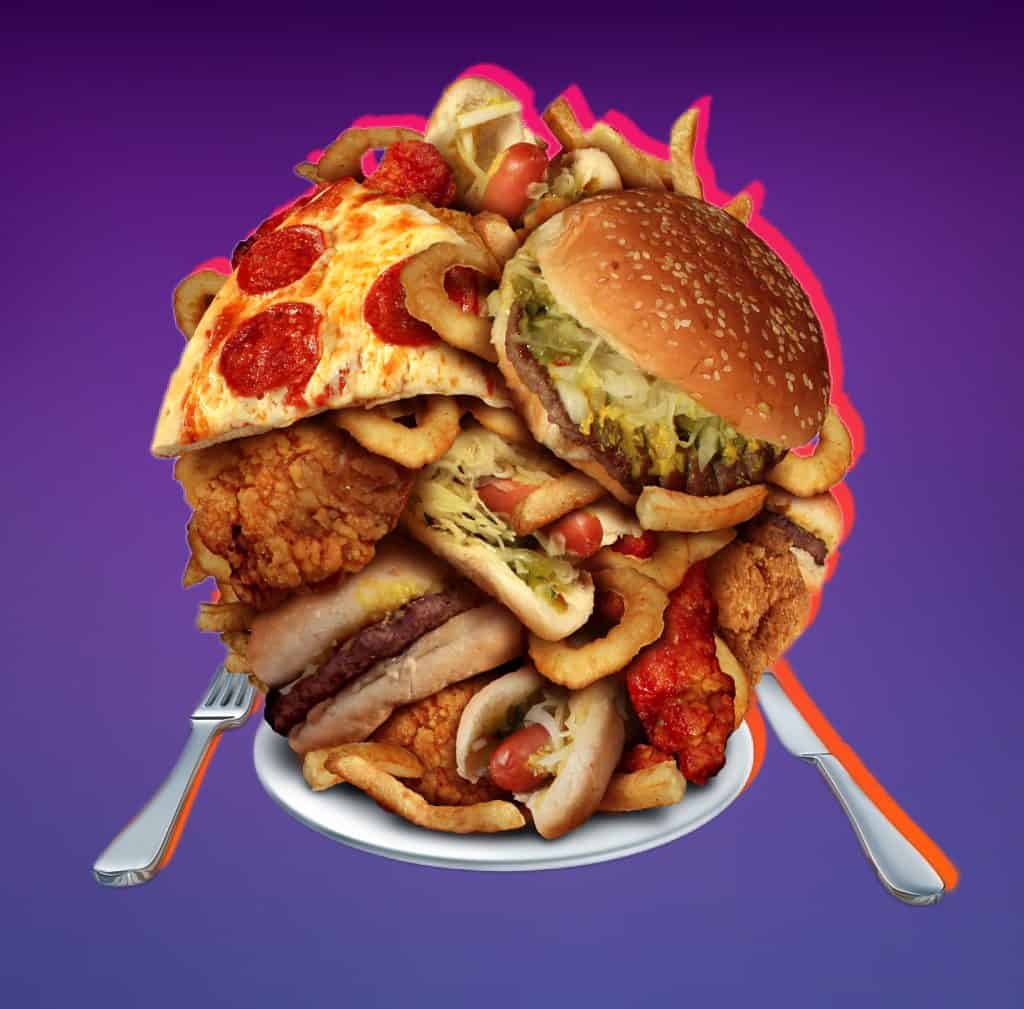 Plate of poor diet foods - burger, pizza, fatty products - on a purple background.